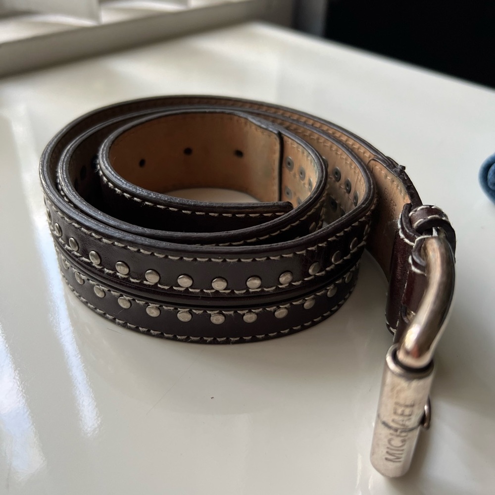 MICHAEL Michael Kors brown studded belt with white thread trim